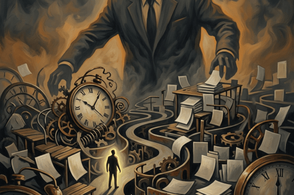 Shadowy suited figure looming over clocks, gears, desks, and scattered papers