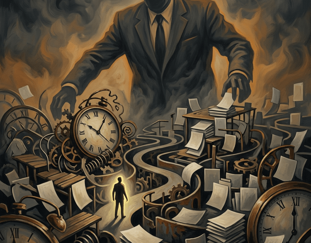 Shadowy suited figure looming over clocks, gears, desks, and scattered papers