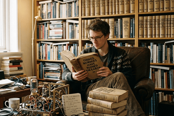 Small misshapen tower of books on desk