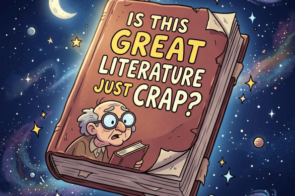Cartoon book cover reading "IS THIS GREAT LITERATURE JUST CRAP?" in outer space