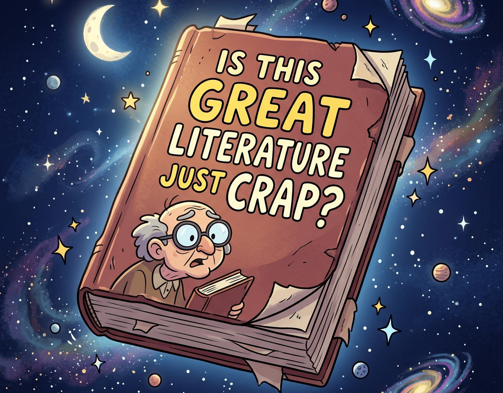 Cartoon book cover reading "IS THIS GREAT LITERATURE JUST CRAP?" in outer space