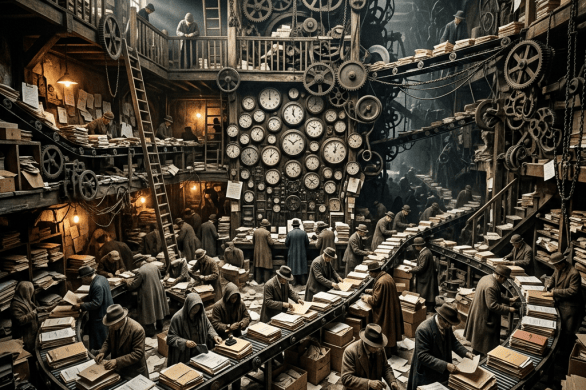 Workers sorting books in a factory filled with gears, clocks, and conveyor belts