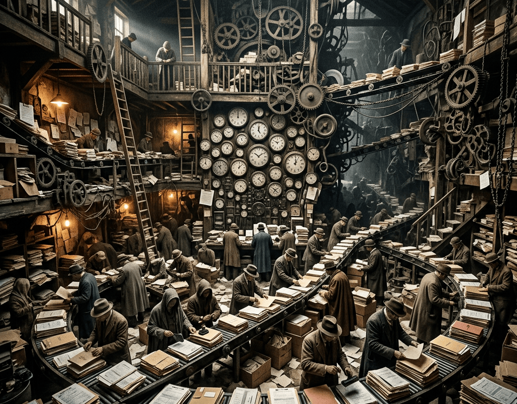 Workers sorting books in a factory filled with gears, clocks, and conveyor belts