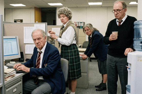Four coworkers in formal clothing gathered around office cubicles and equipment