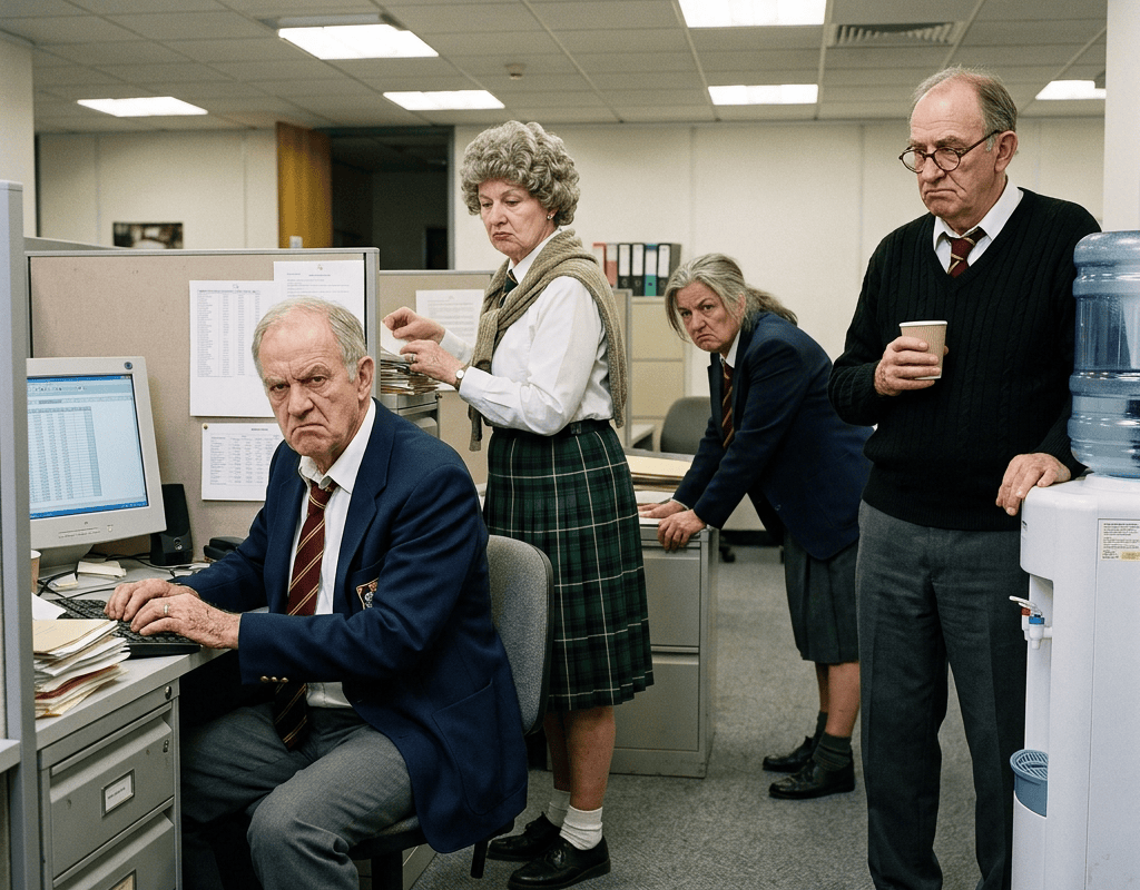 Four coworkers in formal clothing gathered around office cubicles and equipment