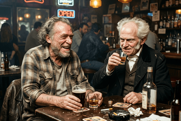 Two older men laughing and drinking at a busy pub table