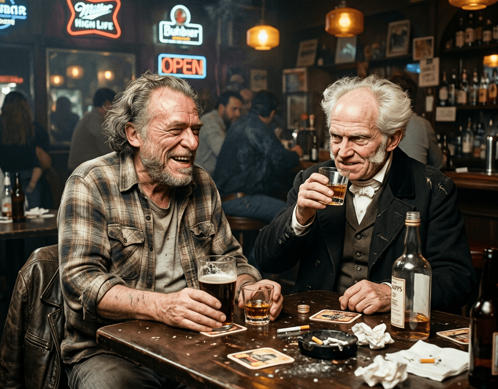 Two older men laughing and drinking at a busy pub table