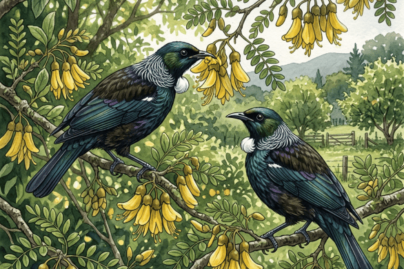Two iridescent birds perched on branches among yellow bell-shaped flowers