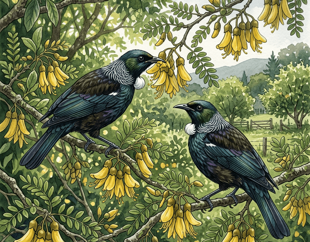 Two iridescent birds perched on branches among yellow bell-shaped flowers