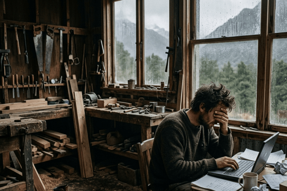 Craftsman working at a laptop in a cluttered workshop overlooking mountains