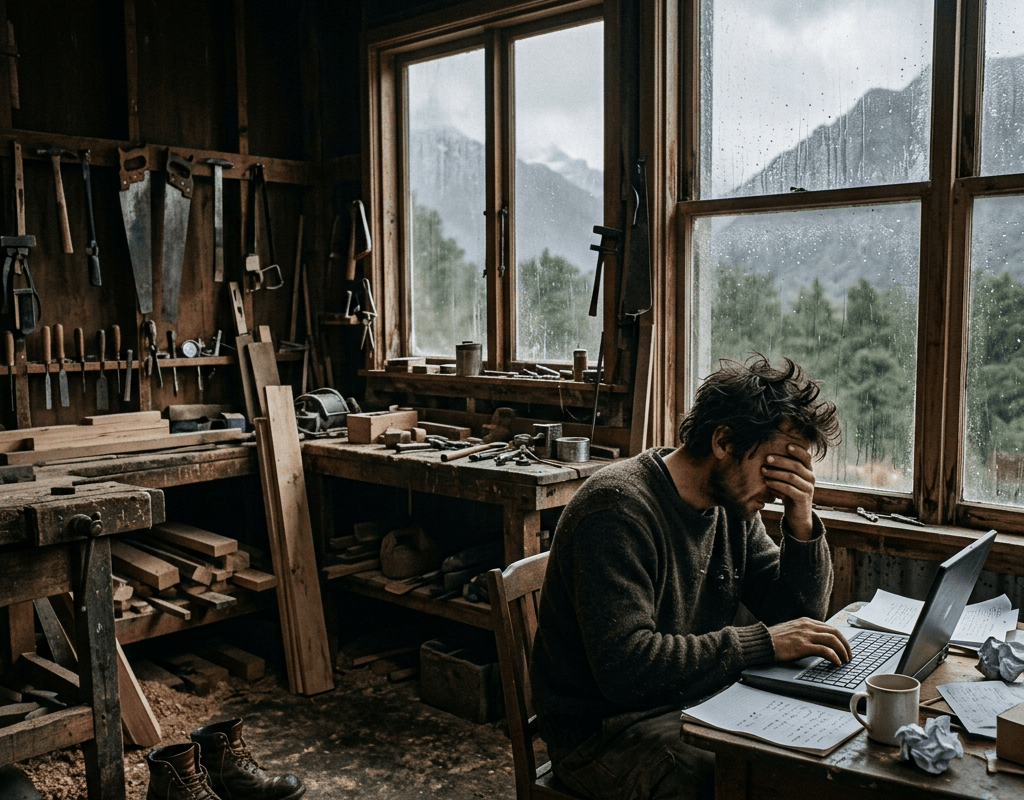 Craftsman working at a laptop in a cluttered workshop overlooking mountains