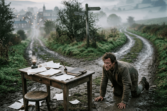 Man crawling beside a paper-covered desk at a misty rural crossroads