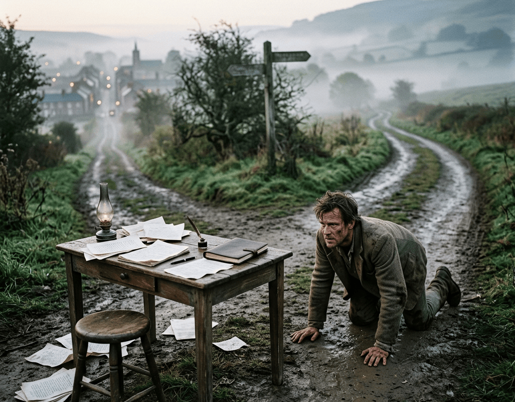 Man crawling beside a paper-covered desk at a misty rural crossroads