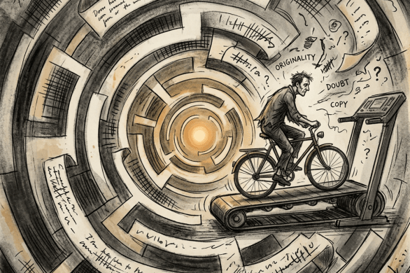 Illustration of cyclist navigating circular maze labeled ORIGINALITY, DOUBT, and COPY