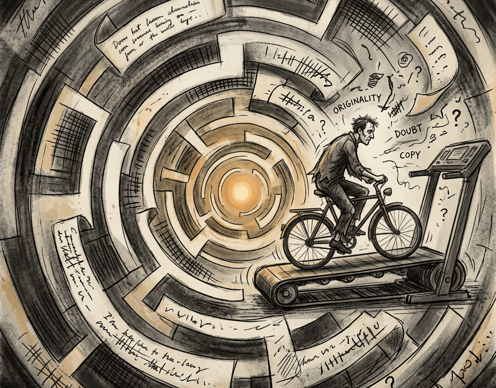 Illustration of cyclist navigating circular maze labeled ORIGINALITY, DOUBT, and COPY